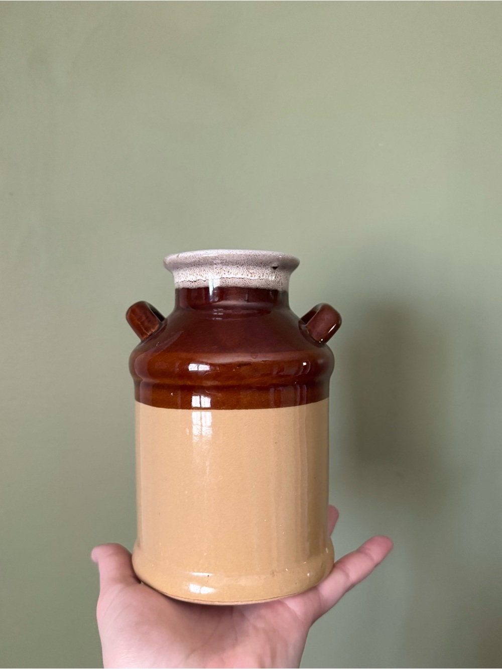 🌼 Vintage Milk Crock Jug - Brown Cream Stoneware🌼